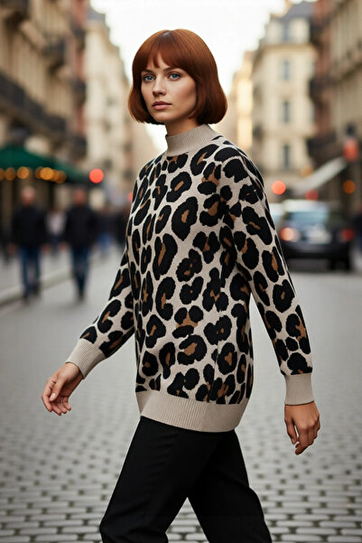 PayBuy Tricotaj pentru femei, cu model animal, cu mânecă lungă, cu guler înal...