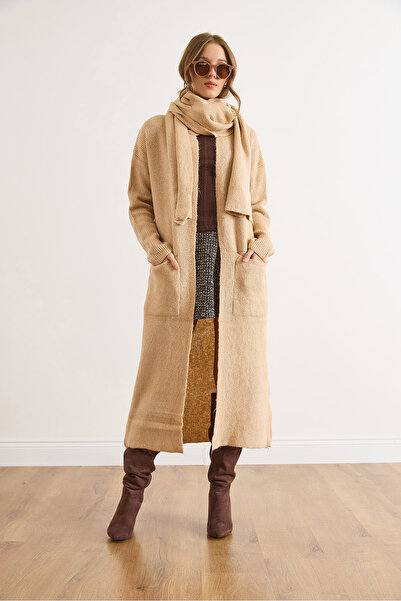 Olalook Women's Camel Self-Tie Pocketed Long Cardigan Hrk-19000429