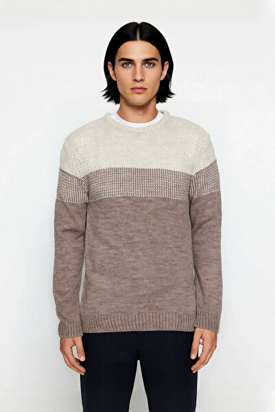 PayBuy Men's Fitted Crew Neck Long Sleeve Color Block Acrylic Knit Sweater Ideal for Everyday Chic