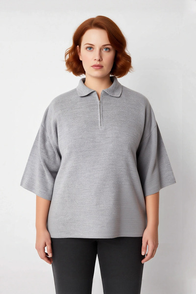 PayBuy Women's Relaxed Fit Polo Neck Zipper Detail Low Sleeve Three Quarter Knitwear Sweater Plus Size Comfortable
