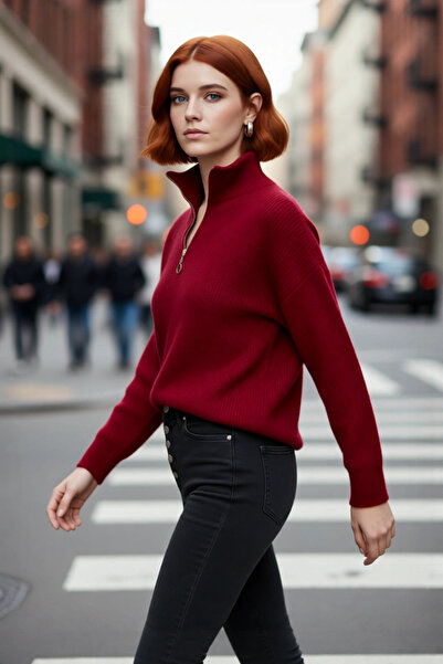 PayBuy سترة نسائية كبيرة الحجم بأكمام طويلة وياقة عالية مع سحاب، تريكو سيلانيكي محبوك أساسي بأكمام طويلة وجودة عالية