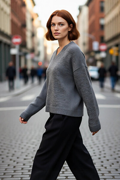 PayBuy سترة تريكو أساسية للنساء ذات قصة واسعة ورقبة على شكل حرف V توفر الراحة...