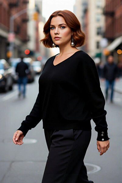 PayBuy Pulover de tricotat negru pentru femei, cu decolteu în V, model simplu...