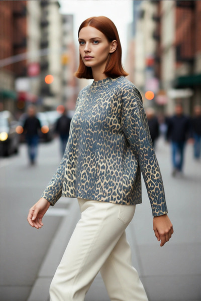 PayBuy Дамски пуловер с леопардов принт, ниска яка и къси ръкави, изработен о...