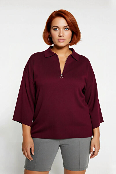 PayBuy Women's Relaxed Fit Polo Neck Zipper Detail Low Sleeve Three Quarter Knitwear Sweater Plus Size Comfortable