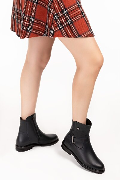 Wish BF Kadın Lacivert Kısa Bot - Hakiki Deri Fermuralı Yarım Bot - Blok Topuk & Tokalı