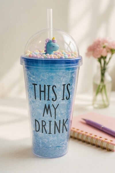 Lexi Bella Cute Colorful Beaded Crazy This Is My Drink Design Drink Cup with Straw Water Bottle Navy Blue 2742