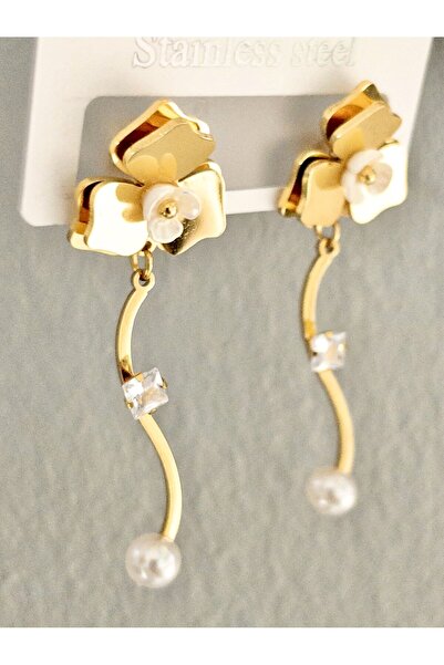 Siya Silver Kararmaz Çelik İncili Tek Taşlı Sallantılı Uzun Çivi Çiçek Küpe - 5 cm