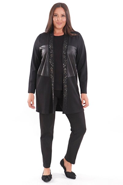 Metpoint Trend42Plus Plus Size Black Cardigan with Leather Piece on the Front and Stone Print