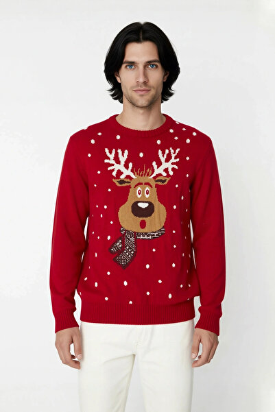 PayBuy Men's Regular Fit Crew Neck Thick Knitwear Christmas Themed Red Deer Patterned Winter Sweater