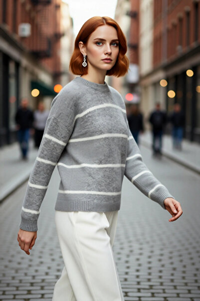 PayBuy Pulover de tricotat pentru femei, oversize, cu dungi, cu decolteu, cu ...