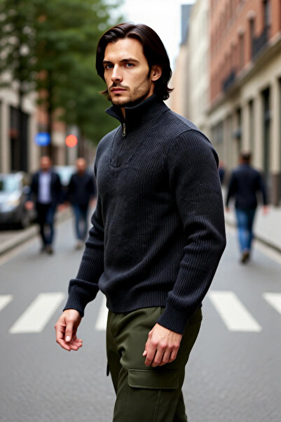 PayBuy Pulover pentru bărbați, cu fermoar, cu guler ridicat, tricotaj gros, a...