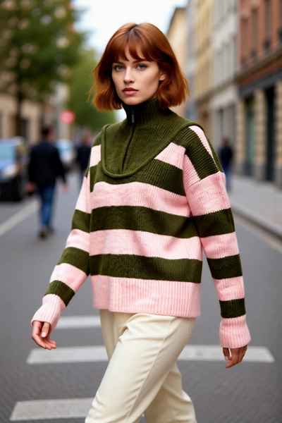 PayBuy Women's Oversized Striped Stand Collar Low Sleeve Thick Knitwear Sweat...