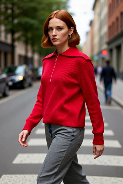 PayBuy Tricotaj pentru femei, cu fermoar, cu guler polo, tricotaj țesut din T...