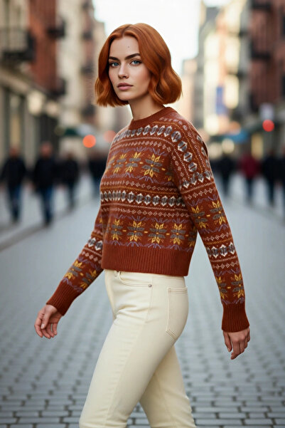 PayBuy Women's Oversized Ethnic Patterned Crew Neck Low Sleeve Knitwear Sweater Offers Winter Casual Chic