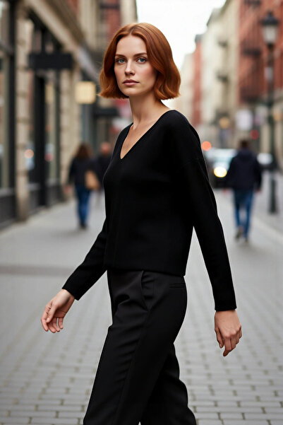 PayBuy Women's V-Neck Regular Fit Corset Stitching Detail Plain Knitwear Sweater for Winter and Fall Elegance