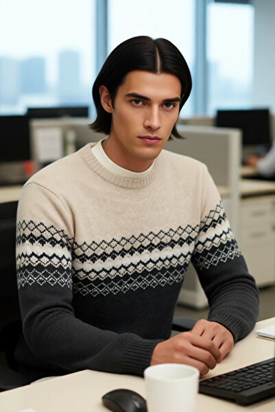 PayBuy Men's Fitted Ethnic Patterned Crew Neck Knit Sweater Ideal for Winter Days a Stylish and Comfortable One