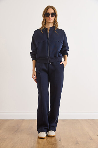 Olalook Women's Navy Blue Zippered Top with Stitching Detail on the Bottom Tracksuit Set Etkm-0000085