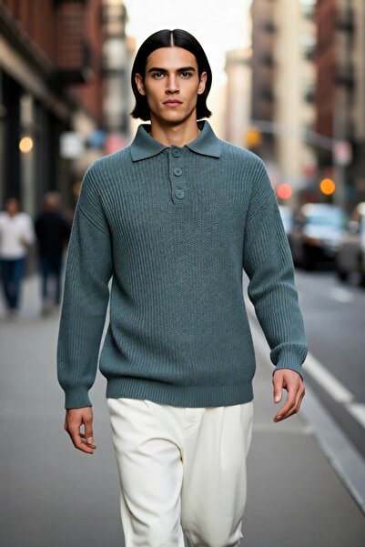 PayBuy Unisex Oversize Fit Polo Collar Basic Thessaloniki Textured Knitwear Sweater Is an Indispensable Part of Winter Outfits.