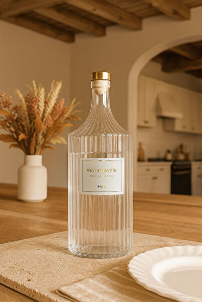 Kitchen Life Vintage Striped Transparent Glass Jug Bottle for Sauce and Liquid with Lid 1000 ml