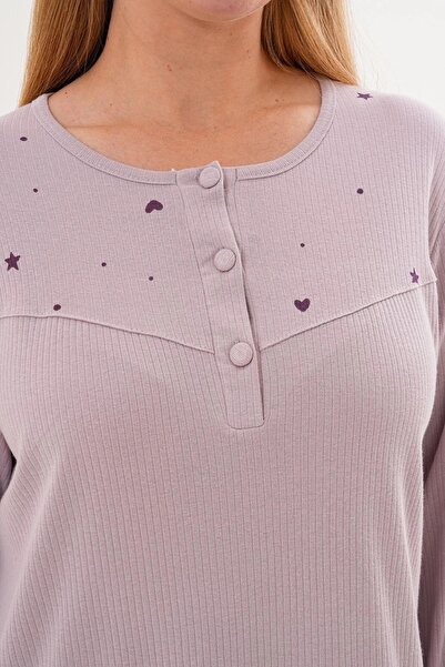 By Mecit Pijama Women's Large Size Long Sleeve Interlock Fabric Mother's Nightgown 100% Cotton