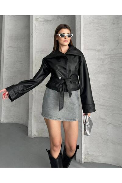 VESS MODA Kadın Şal Yaka Kol Kemer Detay Şık Deri Ceket Siyah