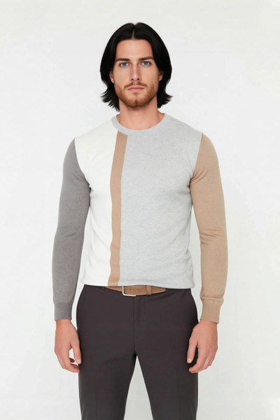 PayBuy Fitted Fit Crew Neck Color Block Long Sleeve Basic Textured Knit Sweater for Men Good Quality