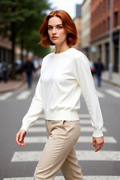 PayBuy Pulover de tricotat ecru, cu croială obișnuită, cu gât rotund, pentru ...