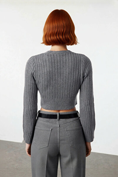 PayBuy Women's Anthracite Ribbed Double-Breasted Knit Sweater with Crop Cut, Stylish and Comfortable Outfits for Winter Days