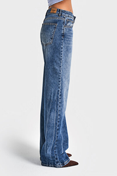 its basic Blugi de damă, culoare albastră, 35w5-5, cu talie medie, cu croială dreaptă, din țesătură elastică, din denim