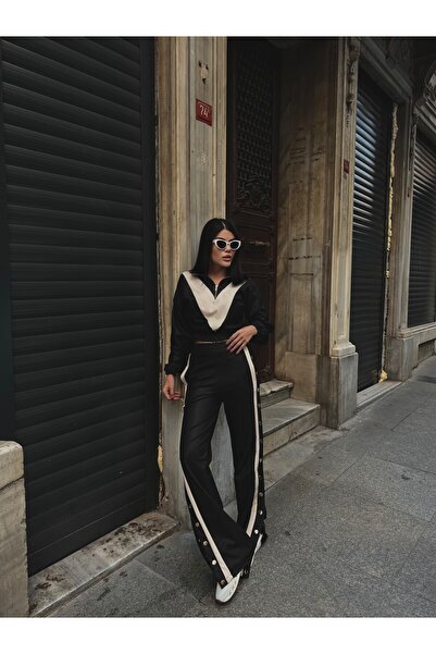 cemo Zippered Stripe Detailed Leather Snap Fastener Suit