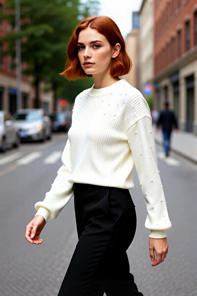 PayBuy Model de pulover tricotat cu mâneci scurte, cu decolteu rotund, cu det...