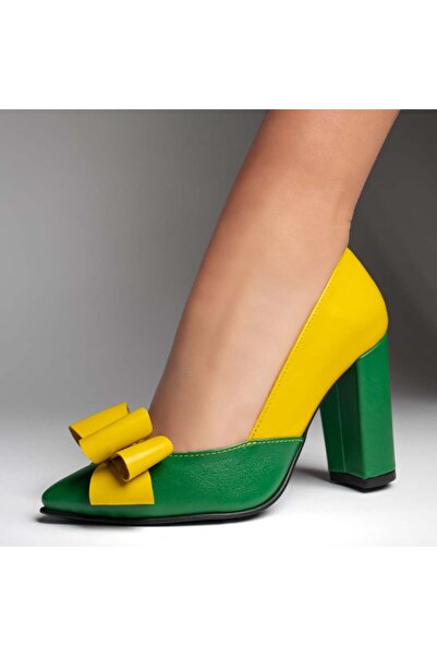 BMoD Women's yellow with green genuine leather shoes with thick heel and bow MOD12923