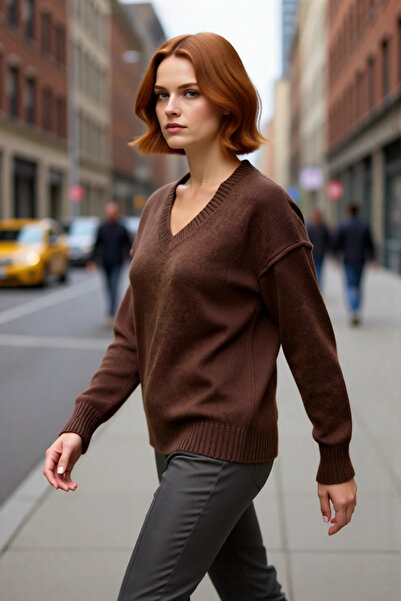 PayBuy Дамски пуловер с V-образно деколте, с дълги ръкави, дълъг крой, кафяв,...