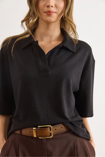 Olalook Women's Black Polo Neck Flowy Soft Blouse Blz-19003140