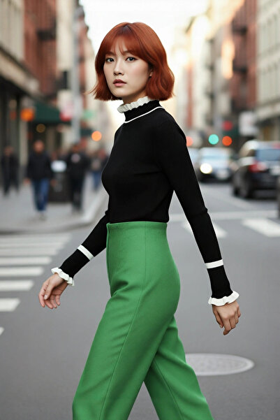 PayBuy Women's Color Block Stand Collar Ribbed Knit Sweater Stylish and Comfortable Basic Model Option for Winter Days