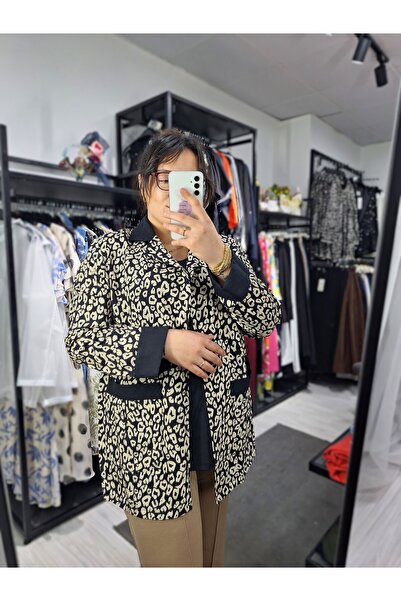aysen Büyük Beden Leopar Siyah Kombinli Gömlek