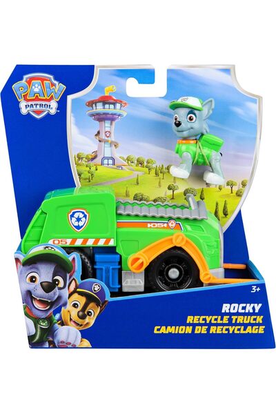 PAW PATROL , Recycling Truck with Rocky Toy Figure (Basic Vehicle, 2025), Toy for Children from 3 Yea