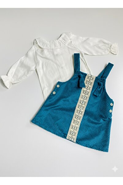 SECHIL Kız Bebek Örgü Görünümlü Fırfır Yaka Beyaz Bluz ve Jile Takımı İkili Set