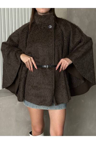 VESS MODA Women's Knitted Cashmere Fabric Belted High Neck Poncho