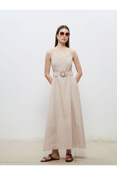 LC Waikiki Soulife Beige Heart Collar Plaid Rope Strap A-Line Dress
