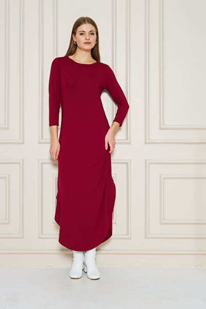 CrazyShopping Rochie largi de lungime midi cu mâneci lungi pentru femei, cu deschidere ovală