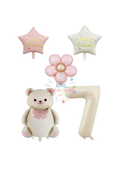 İSTOÇ PARTİ Cream Color Number and Teddy Bear Starry Daisy Foil Balloon Set A...
