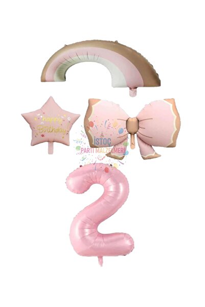 İSTOÇ PARTİ Pink Color Bow Rainbow Star and Number Foil Balloon Set Age 2