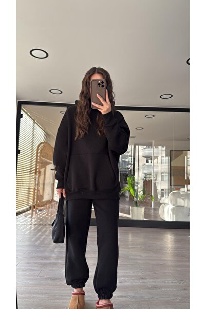 Baybay KADIN 3 İPLİK OVERSİZE KAPÜŞONLU EŞOFMAN TAKIMI