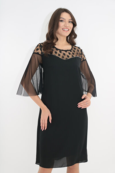 Vanessa Line RO Rochie eleganta neagra cu insertii din tulle cu buline si fra...