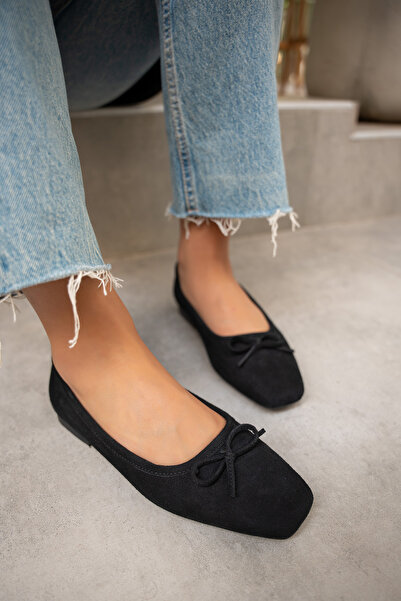 LAMİNTA Linda Black Suede Bow Detailed Women's Ballerinas