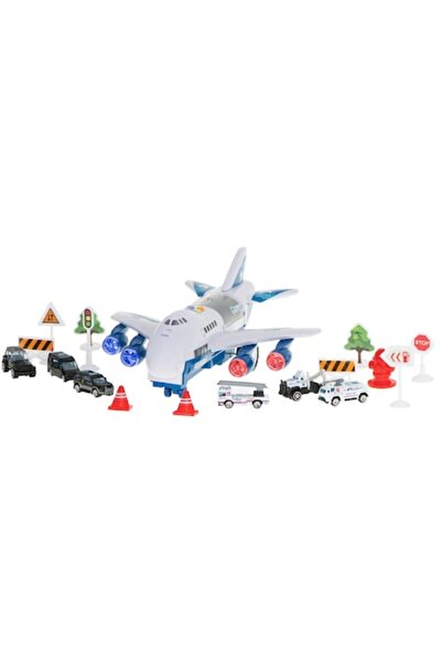 Glow Goods Set Interactive Toy Airplane with 6 Vehicles and Traffic Signs, Police City Patrol, Sound and Light