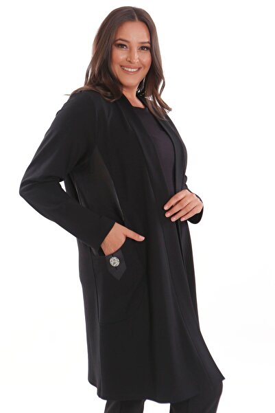 Metpoint Trend42Plus Large Size Steel Black Cardigan with Leather Trim on the Sides