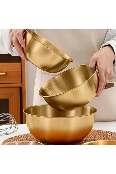 Qerhome 3-Piece Gold Stainless Steel Mixing and Salad Bowl Whisk 700-1200-1600 ml